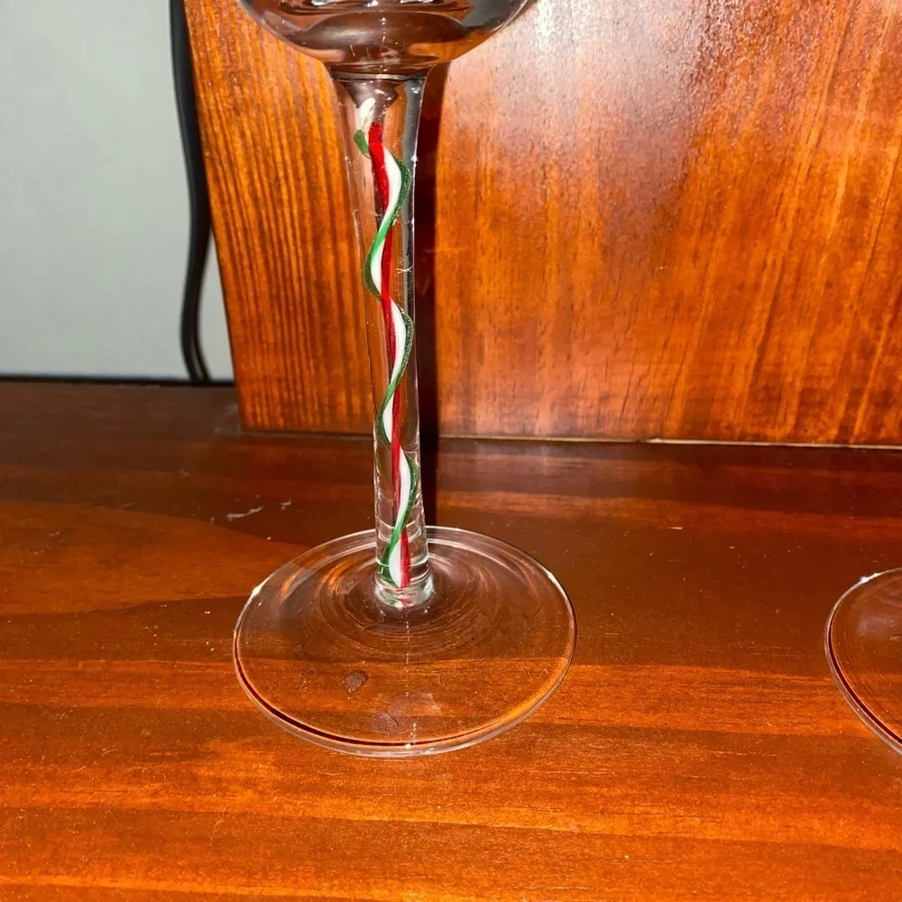 Pier 1 Glass Goblets Ribbon Candy RED WHITE GREEN Swirl Stems Set of 2 9